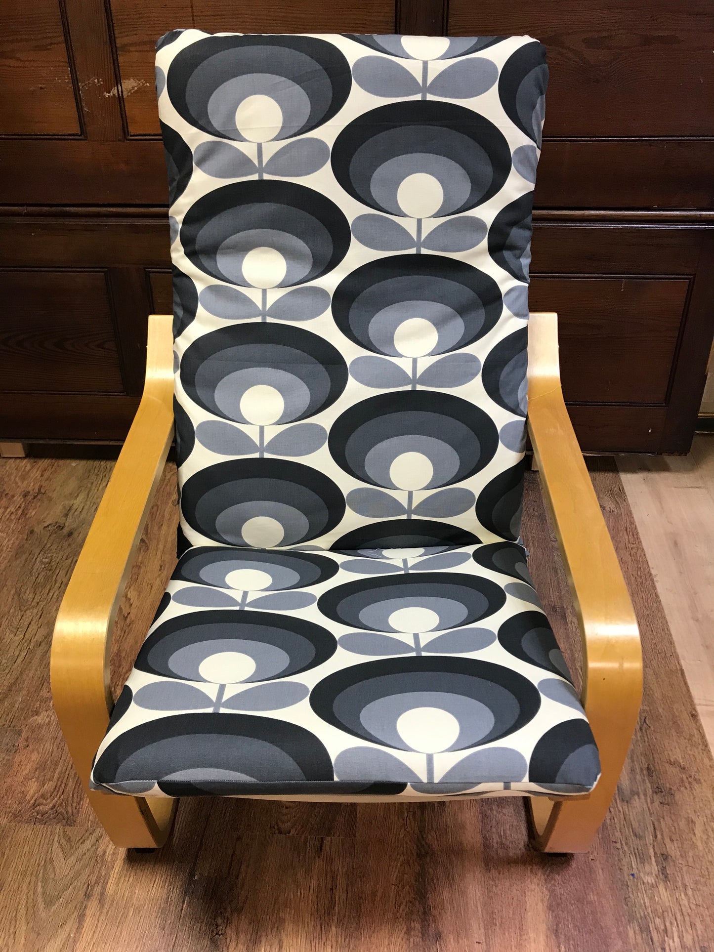 Ikea Poang chair cover in Contemporary Charcoal grey pattern cotton fabric.